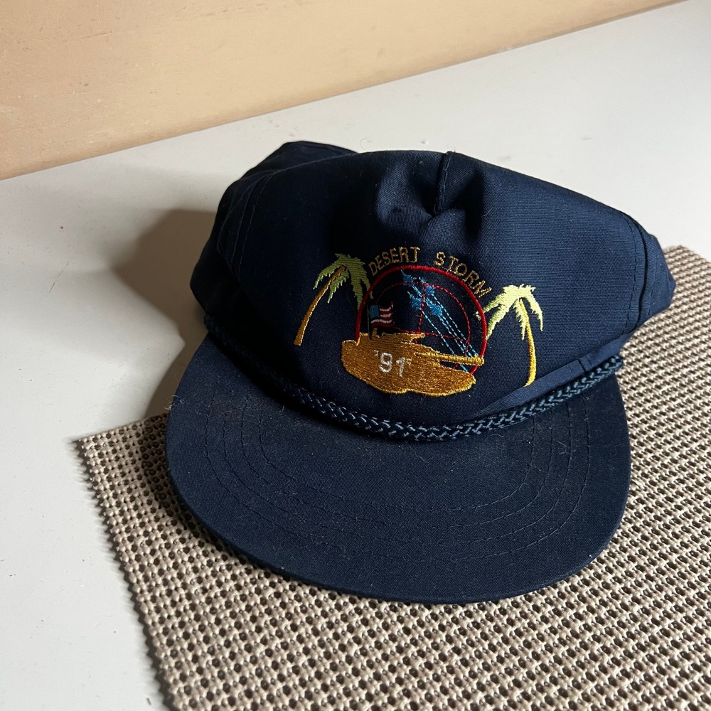 Vintage Yupoong Desert Storm 91 Snapback Hat Navy Blue Military Trucker Cap OSFA